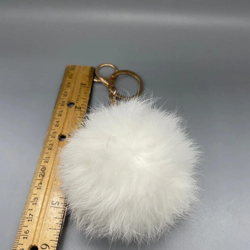White Faux Fur Pom Pom Keychain Gold Fox Rhinestone Pearl Bag Charm Accessory